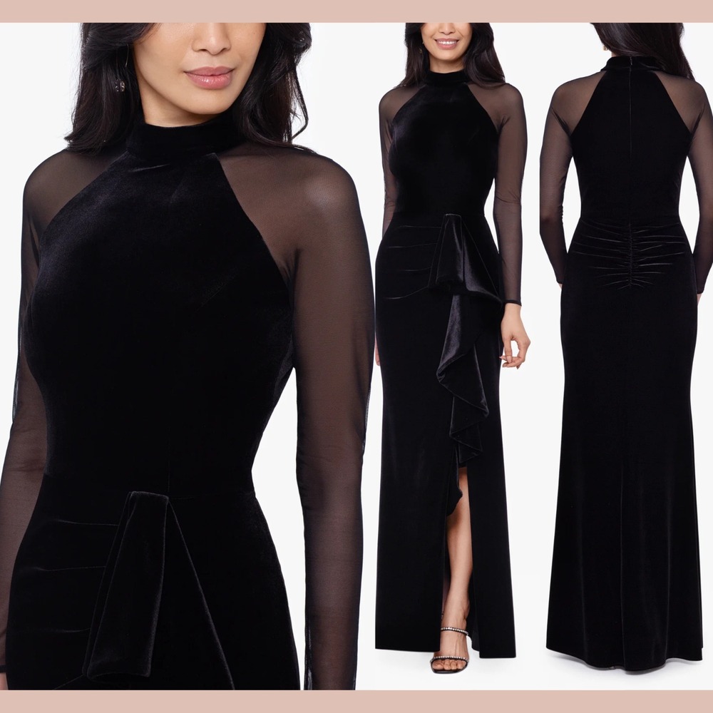 NEW $249 Betsy‎ Adam [ 6 ] Valentina Long Velvet Mesh Illusion Sleeve Gown Q1254